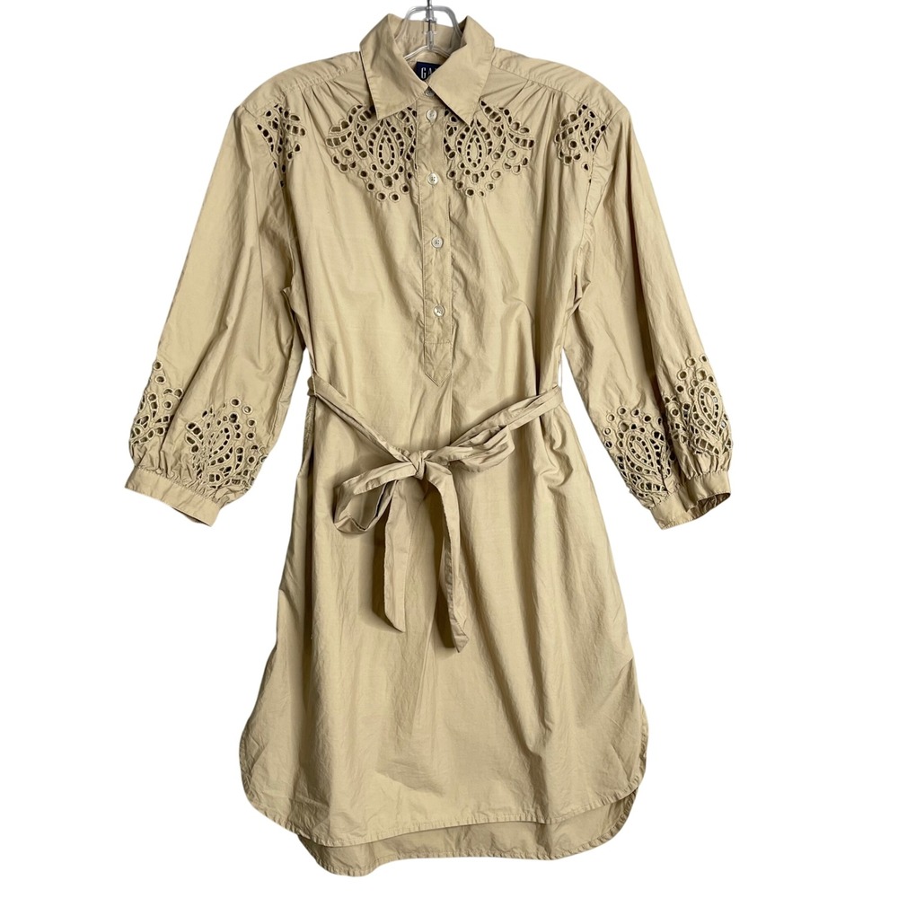 Gap Eyelet Mini Shirtdress Womens XXS Khaki Tan Elbow‎ Puff Sleeves Preppy 2024